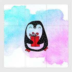 Магнитный плакат 3Х3 с принтом Милый пингвин с подарком в Екатеринбурге, Полимерный материал с магнитным слоем | 9 деталей размером 9*9 см | Тематика изображения на принте: 