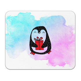 Коврик для мышки прямоугольный с принтом Милый пингвин с подарком в Екатеринбурге, натуральный каучук | размер 230 х 185 мм; запечатка лицевой стороны | Тематика изображения на принте: 