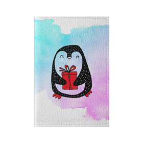 Обложка для паспорта матовая кожа с принтом Милый пингвин с подарком в Екатеринбурге, натуральная матовая кожа | размер 19,3 х 13,7 см; прозрачные пластиковые крепления | Тематика изображения на принте: 