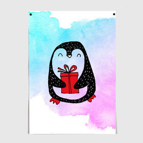 Постер с принтом Милый пингвин с подарком в Екатеринбурге, 100% бумага
 | бумага, плотность 150 мг. Матовая, но за счет высокого коэффициента гладкости имеет небольшой блеск и дает на свету блики, но в отличии от глянцевой бумаги не покрыта лаком | Тематика изображения на принте: 