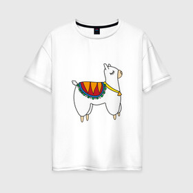 Женская футболка хлопок Oversize с принтом Лама в Екатеринбурге, 100% хлопок | свободный крой, круглый ворот, спущенный рукав, длина до линии бедер
 | альпака | для детей | животные | звери | картинки | лама | мех | милые | мультфильмы | популярные | прикольные | пушистый | шерсть