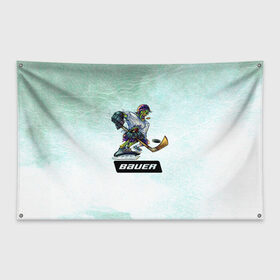 Флаг-баннер с принтом BAUER в Екатеринбурге, 100% полиэстер | размер 67 х 109 см, плотность ткани — 95 г/м2; по краям флага есть четыре люверса для крепления | Тематика изображения на принте: bauer | бауэр | зима | зомби | игра | клюшка | коньки | лёд | спортсмен | хоккеист | хоккей | шайба