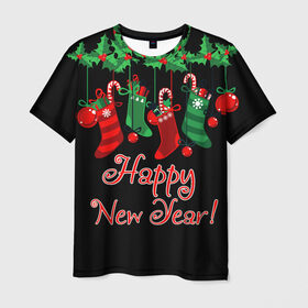 Мужская футболка 3D с принтом Happy New Year! в Екатеринбурге, 100% полиэфир | прямой крой, круглый вырез горловины, длина до линии бедер | 2020 | 2021 | happy | new year | быка | гирлянда | дед мороз | елка | зеленый | игрушка | клаус | конфеты | нг | новый год | носок | перчатка | печенье | подарок | полосы | пряник | рождество | с | санта | сладости | снег