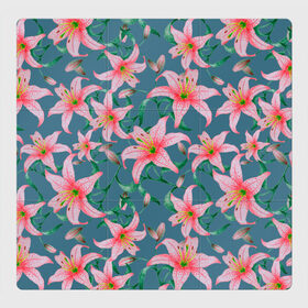 Магнитный плакат 3Х3 с принтом Лилии на сером фоне в Екатеринбурге, Полимерный материал с магнитным слоем | 9 деталей размером 9*9 см | 8 марта | весна | зеленый | лилии | праздник | природа | растения | розовый | серый | цветы