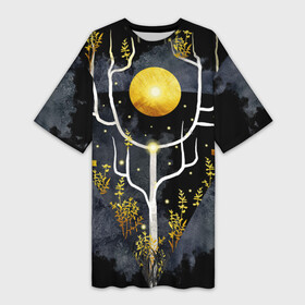 Платье-футболка 3D с принтом графит и золото: дерево жизни в Екатеринбурге,  |  | абстрактный | весна | ветви | дерево  свет | жизнь | звёзды | золотото | ночь | процветание | растения | расцвет | рост | символ | солнце | стилизация | стиль | треугольник | этно
