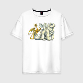 Женская футболка хлопок Oversize с принтом два дракона в Екатеринбурге, 100% хлопок | свободный крой, круглый ворот, спущенный рукав, длина до линии бедер
 | белый | дракон | дружба | золотой | контраст | крылатый | крылья | любовь | медведь | пара | пушистый | разные | хвост | ящерица