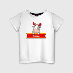 Детская футболка хлопок с принтом Новогодний бык-олень в Екатеринбурге, 100% хлопок | круглый вырез горловины, полуприлегающий силуэт, длина до линии бедер | 