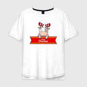 Мужская футболка хлопок Oversize с принтом Новогодний бык-олень в Екатеринбурге, 100% хлопок | свободный крой, круглый ворот, “спинка” длиннее передней части | 