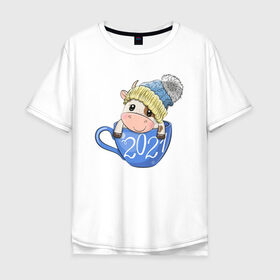 Мужская футболка хлопок Oversize с принтом Милый бычок в кружке 2021 в Екатеринбурге, 100% хлопок | свободный крой, круглый ворот, “спинка” длиннее передней части | Тематика изображения на принте: 
