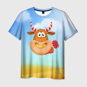 Мужская футболка 3D с принтом Милый бык с цветочком в Екатеринбурге, 100% полиэфир | прямой крой, круглый вырез горловины, длина до линии бедер | 2021 | 7 января | bull | newyear | santa | бык | быки | бычок | год быка | дед мороз | корова | новогодние каникулы | новогодние праздники | новый 2021 | новый год | новый год 2021 | рождество | сани | санта | санта клаус