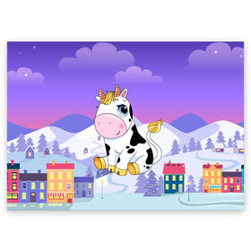 Поздравительная открытка с принтом Милый бык в Екатеринбурге, 100% бумага | плотность бумаги 280 г/м2, матовая, на обратной стороне линовка и место для марки
 | 2021 | 7 января | bull | newyear | santa | бык | быки | бычок | год быка | дед мороз | корова | новогодние каникулы | новогодние праздники | новый 2021 | новый год | новый год 2021 | рождество | сани | санта | санта клаус