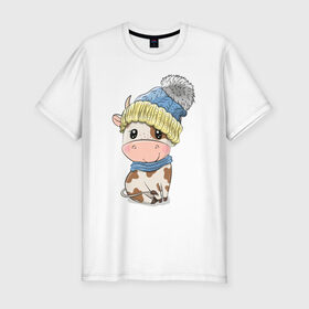 Мужская футболка хлопок Slim с принтом Милый бычок в шапочке в Екатеринбурге, 92% хлопок, 8% лайкра | приталенный силуэт, круглый вырез ворота, длина до линии бедра, короткий рукав | Тематика изображения на принте: 