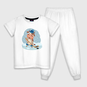 Детская пижама хлопок с принтом Бык играет в хоккей в Екатеринбурге, 100% хлопок |  брюки и футболка прямого кроя, без карманов, на брюках мягкая резинка на поясе и по низу штанин
 | 