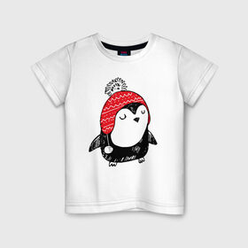 Детская футболка хлопок с принтом Милый пингвин в шапочке в Екатеринбурге, 100% хлопок | круглый вырез горловины, полуприлегающий силуэт, длина до линии бедер | Тематика изображения на принте: 