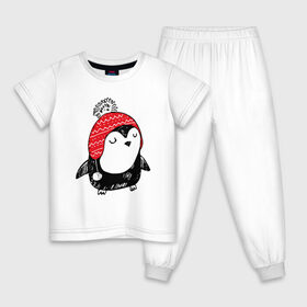 Детская пижама хлопок с принтом Милый пингвин в шапочке в Екатеринбурге, 100% хлопок |  брюки и футболка прямого кроя, без карманов, на брюках мягкая резинка на поясе и по низу штанин
 | 