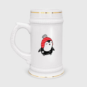 Кружка пивная с принтом Милый пингвин в шапочке в Екатеринбурге,  керамика (Материал выдерживает высокую температуру, стоит избегать резкого перепада температур) |  объем 630 мл | Тематика изображения на принте: 