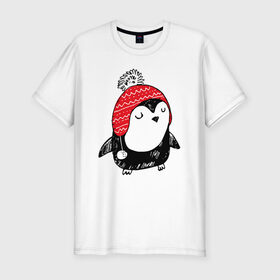 Мужская футболка хлопок Slim с принтом Милый пингвин в шапочке в Екатеринбурге, 92% хлопок, 8% лайкра | приталенный силуэт, круглый вырез ворота, длина до линии бедра, короткий рукав | Тематика изображения на принте: 