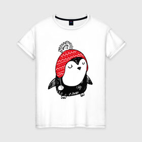 Женская футболка хлопок с принтом Милый пингвин в шапочке в Екатеринбурге, 100% хлопок | прямой крой, круглый вырез горловины, длина до линии бедер, слегка спущенное плечо | Тематика изображения на принте: 