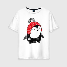 Женская футболка хлопок Oversize с принтом Милый пингвин в шапочке в Екатеринбурге, 100% хлопок | свободный крой, круглый ворот, спущенный рукав, длина до линии бедер
 | 