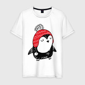Мужская футболка хлопок с принтом Милый пингвин в шапочке в Екатеринбурге, 100% хлопок | прямой крой, круглый вырез горловины, длина до линии бедер, слегка спущенное плечо. | Тематика изображения на принте: 