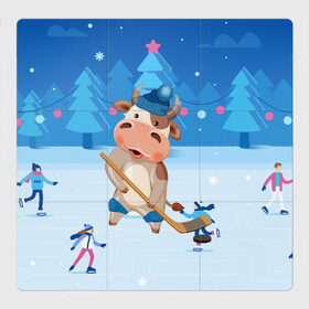 Магнитный плакат 3Х3 с принтом Бык играет в хоккей в Екатеринбурге, Полимерный материал с магнитным слоем | 9 деталей размером 9*9 см | Тематика изображения на принте: 2021 | 7 января | bull | newyear | santa | бык | быки | бычок | год быка | дед мороз | корова | новогодние каникулы | новогодние праздники | новый 2021 | новый год | новый год 2021 | рождество | сани | санта | санта клаус