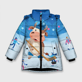 Зимняя куртка для девочек 3D с принтом Бык играет в хоккей в Екатеринбурге, ткань верха — 100% полиэстер; подклад — 100% полиэстер, утеплитель — 100% полиэстер. | длина ниже бедра, удлиненная спинка, воротник стойка и отстегивающийся капюшон. Есть боковые карманы с листочкой на кнопках, утяжки по низу изделия и внутренний карман на молнии. 

Предусмотрены светоотражающий принт на спинке, радужный светоотражающий элемент на пуллере молнии и на резинке для утяжки. | 2021 | 7 января | bull | newyear | santa | бык | быки | бычок | год быка | дед мороз | корова | новогодние каникулы | новогодние праздники | новый 2021 | новый год | новый год 2021 | рождество | сани | санта | санта клаус