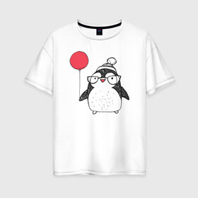 Женская футболка хлопок Oversize с принтом Смешной пингвин с шариком в Екатеринбурге, 100% хлопок | свободный крой, круглый ворот, спущенный рукав, длина до линии бедер
 | 