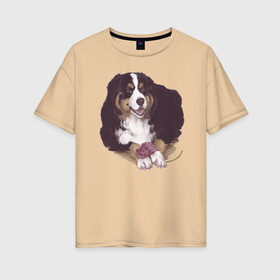 Женская футболка хлопок Oversize с принтом собака с пионом в Екатеринбурге, 100% хлопок | свободный крой, круглый ворот, спущенный рукав, длина до линии бедер
 | бернский зенненхунд | домашний любимец | иллюстрация | собачник