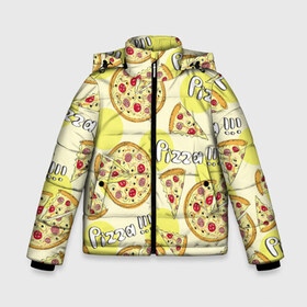Зимняя куртка для мальчиков 3D с принтом Узор - Пицца на желтом в Екатеринбурге, ткань верха — 100% полиэстер; подклад — 100% полиэстер, утеплитель — 100% полиэстер | длина ниже бедра, удлиненная спинка, воротник стойка и отстегивающийся капюшон. Есть боковые карманы с листочкой на кнопках, утяжки по низу изделия и внутренний карман на молнии. 

Предусмотрены светоотражающий принт на спинке, радужный светоотражающий элемент на пуллере молнии и на резинке для утяжки | еда | желтый | кусок | надписи | паттерн | пицца | узор | фастфуд