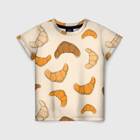 Детская футболка 3D с принтом Круассаны - Вкусный узор в Екатеринбурге, 100% гипоаллергенный полиэфир | прямой крой, круглый вырез горловины, длина до линии бедер, чуть спущенное плечо, ткань немного тянется | еда | завтрак | круассан | оранжевый | паттерн | рогалики | сладости | узор | фастфуд
