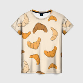 Женская футболка 3D с принтом Круассаны - Вкусный узор в Екатеринбурге, 100% полиэфир ( синтетическое хлопкоподобное полотно) | прямой крой, круглый вырез горловины, длина до линии бедер | еда | завтрак | круассан | оранжевый | паттерн | рогалики | сладости | узор | фастфуд