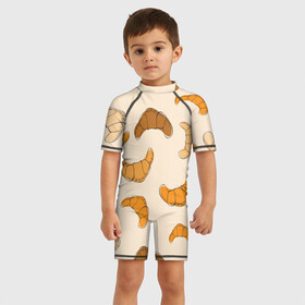 Детский купальный костюм 3D с принтом Круассаны - Вкусный узор в Екатеринбурге, Полиэстер 85%, Спандекс 15% | застежка на молнии на спине | Тематика изображения на принте: еда | завтрак | круассан | оранжевый | паттерн | рогалики | сладости | узор | фастфуд