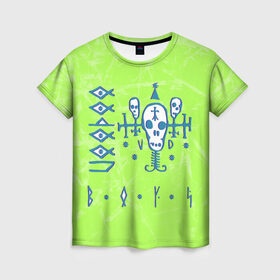 Женская футболка 3D с принтом Voodoo Boys Gang CP 2077 в Екатеринбурге, 100% полиэфир ( синтетическое хлопкоподобное полотно) | прямой крой, круглый вырез горловины, длина до линии бедер | boys | city | cyberpunk | gang | night | voodoo | андроид | киберпанк | киборг | найт | робот | сити