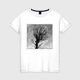 Женская футболка хлопок с принтом Дом на дереве в Екатеринбурге, 100% хлопок | прямой крой, круглый вырез горловины, длина до линии бедер, слегка спущенное плечо | ветки | графика | дерево | дом | жуткий | мрачный | небо | одиночество | пасмурно | пустота