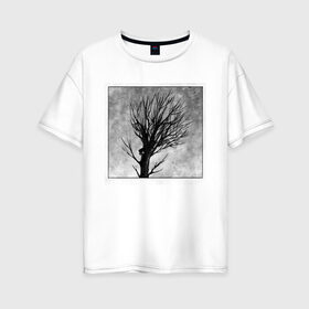 Женская футболка хлопок Oversize с принтом Дом на дереве в Екатеринбурге, 100% хлопок | свободный крой, круглый ворот, спущенный рукав, длина до линии бедер
 | ветки | графика | дерево | дом | жуткий | мрачный | небо | одиночество | пасмурно | пустота
