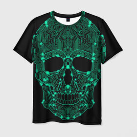 Мужская футболка 3D с принтом Неоновый Череп в Екатеринбурге, 100% полиэфир | прямой крой, круглый вырез горловины, длина до линии бедер | skulls | градиент | кибер | мозги | неоновый | робот | скелет | цифровой | черепа | черный