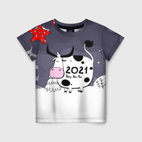 Детская футболка 3D с принтом Корова 2021 в Екатеринбурге, 100% гипоаллергенный полиэфир | прямой крой, круглый вырез горловины, длина до линии бедер, чуть спущенное плечо, ткань немного тянется | 2021 | 7 января | bull | newyear | santa | бык | быки | бычок | год быка | дед мороз | корова | новогодние каникулы | новогодние праздники | новый 2021 | новый год | новый год 2021 | рождество | сани | санта | санта клаус