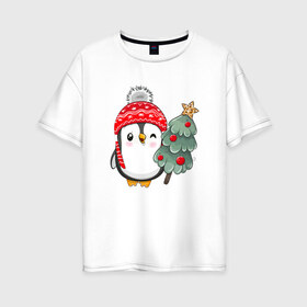 Женская футболка хлопок Oversize с принтом Пингвин с елочкой в Екатеринбурге, 100% хлопок | свободный крой, круглый ворот, спущенный рукав, длина до линии бедер
 | 
