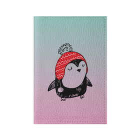 Обложка для паспорта матовая кожа с принтом Милый пингвин в шапочке в Екатеринбурге, натуральная матовая кожа | размер 19,3 х 13,7 см; прозрачные пластиковые крепления | Тематика изображения на принте: 