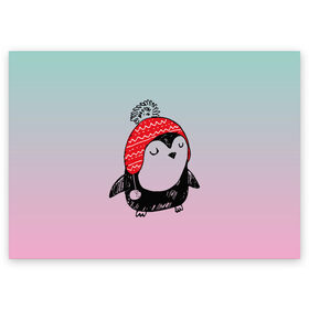 Поздравительная открытка с принтом Милый пингвин в шапочке в Екатеринбурге, 100% бумага | плотность бумаги 280 г/м2, матовая, на обратной стороне линовка и место для марки
 | 