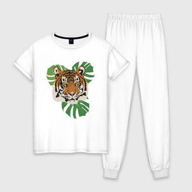 Женская пижама хлопок с принтом Тигр в джунглях в Екатеринбурге, 100% хлопок | брюки и футболка прямого кроя, без карманов, на брюках мягкая резинка на поясе и по низу штанин | nature | tiger | wild | wild animals | джунгли | дикие животные | дикий | животные | кошачьи | крупные кошки | полосатый | природа | тигр | тигр в джунглях | тигренок | тропики | хищник | хищные животные