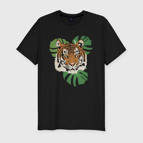 Мужская футболка хлопок Slim с принтом Тигр в джунглях в Екатеринбурге, 92% хлопок, 8% лайкра | приталенный силуэт, круглый вырез ворота, длина до линии бедра, короткий рукав | nature | tiger | wild | wild animals | джунгли | дикие животные | дикий | животные | кошачьи | крупные кошки | полосатый | природа | тигр | тигр в джунглях | тигренок | тропики | хищник | хищные животные
