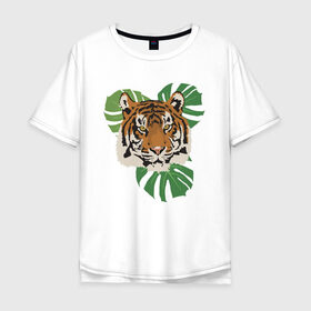 Мужская футболка хлопок Oversize с принтом Тигр в джунглях в Екатеринбурге, 100% хлопок | свободный крой, круглый ворот, “спинка” длиннее передней части | nature | tiger | wild | wild animals | джунгли | дикие животные | дикий | животные | кошачьи | крупные кошки | полосатый | природа | тигр | тигр в джунглях | тигренок | тропики | хищник | хищные животные