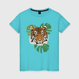 Женская футболка хлопок с принтом Тигр в джунглях в Екатеринбурге, 100% хлопок | прямой крой, круглый вырез горловины, длина до линии бедер, слегка спущенное плечо | nature | tiger | wild | wild animals | джунгли | дикие животные | дикий | животные | кошачьи | крупные кошки | полосатый | природа | тигр | тигр в джунглях | тигренок | тропики | хищник | хищные животные