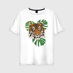 Женская футболка хлопок Oversize с принтом Тигр в джунглях в Екатеринбурге, 100% хлопок | свободный крой, круглый ворот, спущенный рукав, длина до линии бедер
 | nature | tiger | wild | wild animals | джунгли | дикие животные | дикий | животные | кошачьи | крупные кошки | полосатый | природа | тигр | тигр в джунглях | тигренок | тропики | хищник | хищные животные