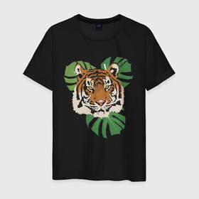 Мужская футболка хлопок с принтом Тигр в джунглях в Екатеринбурге, 100% хлопок | прямой крой, круглый вырез горловины, длина до линии бедер, слегка спущенное плечо. | Тематика изображения на принте: nature | tiger | wild | wild animals | джунгли | дикие животные | дикий | животные | кошачьи | крупные кошки | полосатый | природа | тигр | тигр в джунглях | тигренок | тропики | хищник | хищные животные