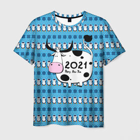 Мужская футболка 3D с принтом Корова 2021 в Екатеринбурге, 100% полиэфир | прямой крой, круглый вырез горловины, длина до линии бедер | Тематика изображения на принте: 2021 | 7 января | bull | newyear | santa | бык | быки | бычок | год быка | дед мороз | корова | новогодние каникулы | новогодние праздники | новый 2021 | новый год | новый год 2021 | рождество | сани | санта | санта клаус
