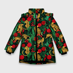 Зимняя куртка для девочек 3D с принтом Leopards в Екатеринбурге, ткань верха — 100% полиэстер; подклад — 100% полиэстер, утеплитель — 100% полиэстер. | длина ниже бедра, удлиненная спинка, воротник стойка и отстегивающийся капюшон. Есть боковые карманы с листочкой на кнопках, утяжки по низу изделия и внутренний карман на молнии. 

Предусмотрены светоотражающий принт на спинке, радужный светоотражающий элемент на пуллере молнии и на резинке для утяжки. | black | cat | белый | букет | животные | кот | кошки | лев | леопарды | паттерн | полосы | розы | тигры | узор | цветы | чб | черный
