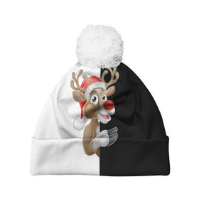 Шапка 3D c помпоном с принтом Новогодний Олень в Екатеринбурге, 100% полиэстер | универсальный размер, печать по всей поверхности изделия | christmas | merry christmas | santa claus | дед мороз | ёлка | новогодние олени | новый год | оленёнок бэмби | оленёнок рудольф | орнамент | с новым годом | санта клаус | свитер с оленями | снегурочка | снежинки | узоры