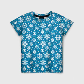 Детская футболка 3D с принтом Снежинки в Екатеринбурге, 100% гипоаллергенный полиэфир | прямой крой, круглый вырез горловины, длина до линии бедер, чуть спущенное плечо, ткань немного тянется | merry christmas | дед мороз | ёлка | зима | мороз | новый год | подарок | праздник | рождество | с новым годом | санта клаус | снег | снеговик | снегурочка | снежинки | снежные узоры | узоры